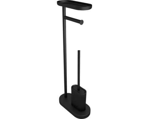 Set pentru toaletă de sine stătător în negru mat cu suport pentru hârtie igienică integrat, raft și perie de toaletă.