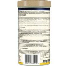 Vedere din spate a unei cutii cu hrană pentru pești ornamentali cu ingrediente, recomandări de hrănire, cod de bare și informații despre reciclare.