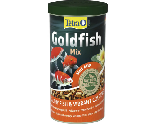 Tetra Pond Goldfish Mix trei în unu, hrană pentru carași de iaz, ingrediente naturale fără conservanți pentru sănătate și culoare.