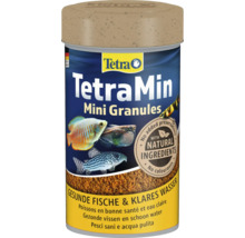 Logo Tetra, hrană TetraMin Mini Granules, ingrediente naturale, fără conservanți sau coloranți, pentru pești sănătoși și apă curată.