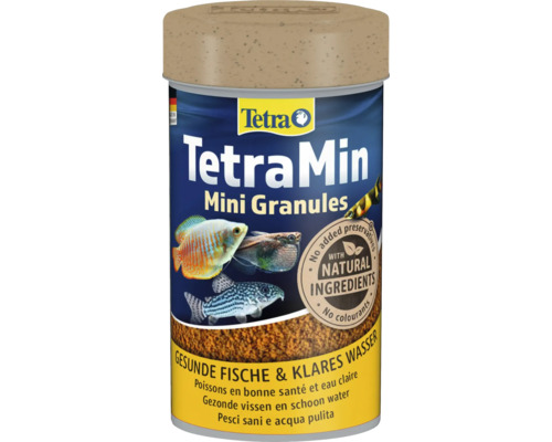 Logo Tetra, hrană TetraMin Mini Granules, ingrediente naturale, fără conservanți sau coloranți, pentru pești sănătoși și apă curată.