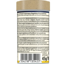 Recipient de hrană pentru pești cu etichetă pentru hrană principală sub formă de granule, ingrediente și instrucțiuni în mai multe limbi, 45 grame.