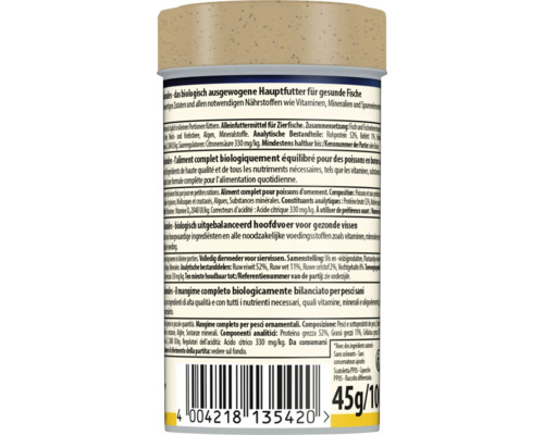 Recipient de hrană pentru pești cu etichetă pentru hrană principală sub formă de granule, ingrediente și instrucțiuni în mai multe limbi, 45 grame.