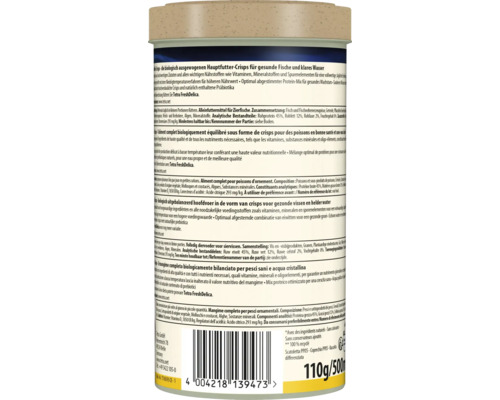 Vedere din spate a unei cutii de hrană pentru pești Tetra Crisps cu lista de ingrediente, instrucțiuni de hrănire, cod de bare și greutate de 110 grame.