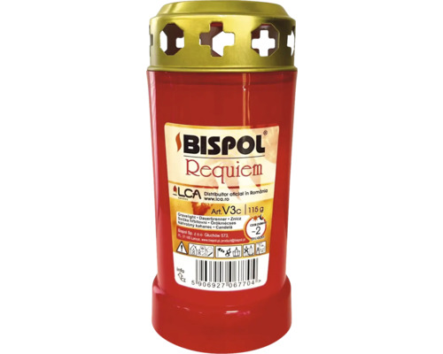 Lumânare de mormânt roșie Bispol Requiem, 115 grame, durată de ardere aproximativ 2 zile, cu capac metalic auriu.
