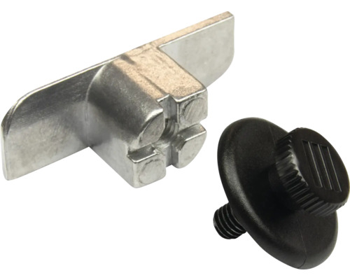 Conector pentru mobilă din metal și un șurub de reglare negru din plastic cu filet.