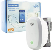 Controler inteligent pentru robinet de apă PNI SV180 PRO cu robinet metalic și ambalaj cu Tuya Logo.