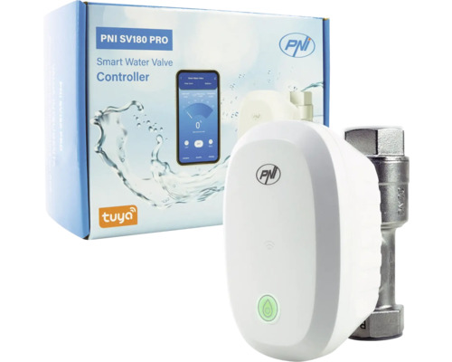 Controler inteligent pentru robinet de apă PNI SV180 PRO cu robinet metalic și ambalaj cu Tuya Logo.