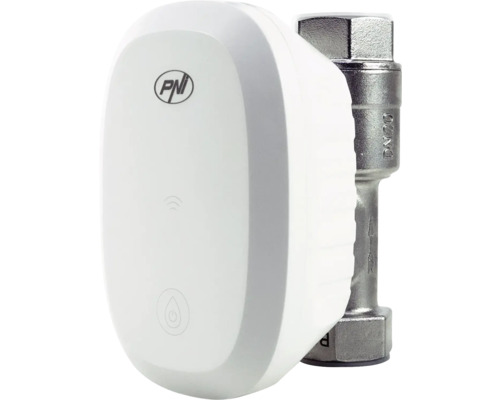 PNI Logo pe un controler de apă inteligent alb din plastic pe o supapă metalică DN20.