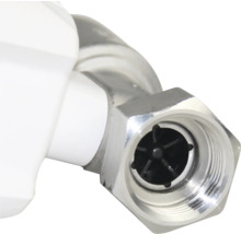 Piuliță de racordare metalică cu filet interior și inserție din plastic negru.