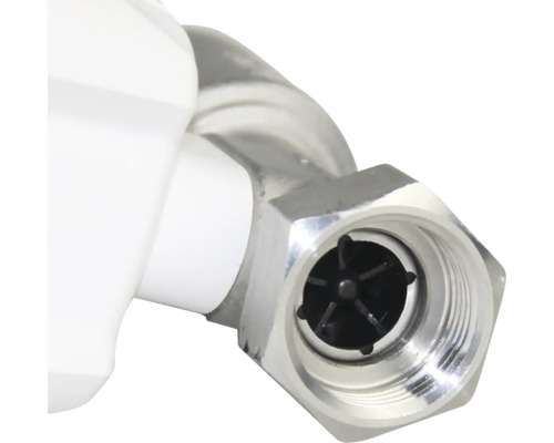 Piuliță de racordare metalică cu filet interior și inserție din plastic negru.