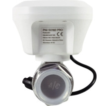Robinet cu bilă inteligent PNI SV180 PRO cu servomotor alb, supapă metalică și cablu negru, conform cu standardele europene de siguranță.