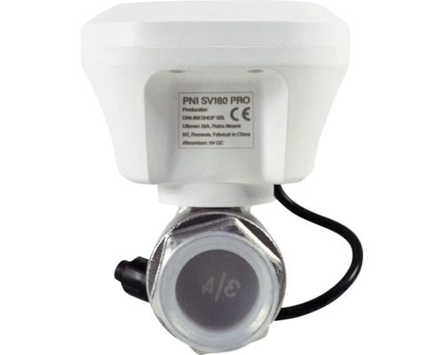 Robinet cu bilă inteligent PNI SV180 PRO cu servomotor alb, supapă metalică și cablu negru, conform cu standardele europene de siguranță.