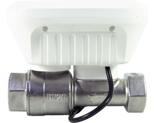 Robinet cu sferă motorizat din metal cu diametru nominal 20, carcasă din plastic alb și cablu negru.