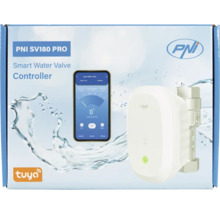 Ambalaj pentru controlerul inteligent de robinet de apă PNI SV180 PRO cu control prin aplicație, PNI Logo și Tuya Logo.
