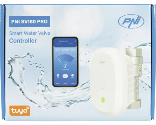 Ambalaj pentru controlerul inteligent de robinet de apă PNI SV180 PRO cu control prin aplicație, PNI Logo și Tuya Logo.