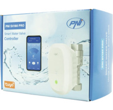 Ambalaj controler inteligent pentru supapă de apă PNI SV180 PRO cu imaginea dispozitivului, a unei supape, a unei aplicații pe telefon și Tuya Logo.