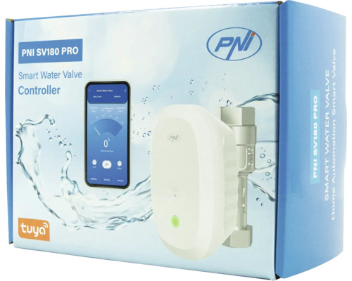 Ambalaj controler inteligent pentru supapă de apă PNI SV180 PRO cu imaginea dispozitivului, a unei supape, a unei aplicații pe telefon și Tuya Logo.
