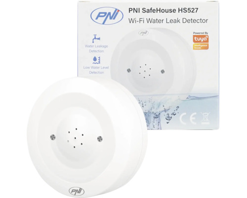 Detector de scurgeri de apă fără fir PNI SafeHouse HS527 alb cu ambalaj inclus pentru detectarea scurgerilor de apă și a nivelurilor scăzute.