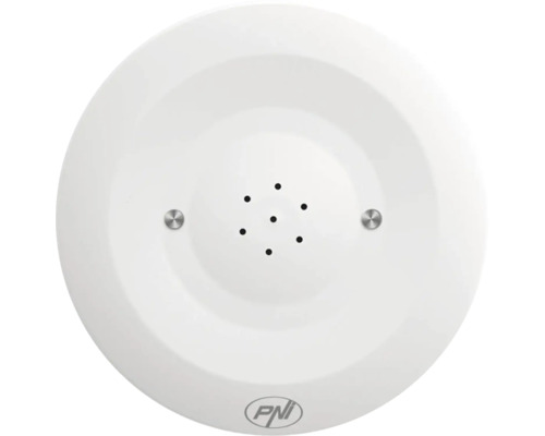 Detector de gaz rotund și alb de la PNI cu orificii centrale și PNI Logo.