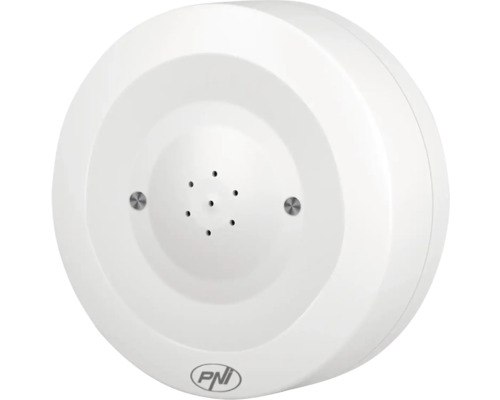 Detector de gaz alb rotund cu sigla PNI și orificii centrale.