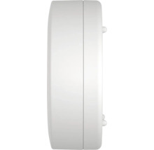 Vedere laterală a unui detector de fum alb, rotund, din plastic.