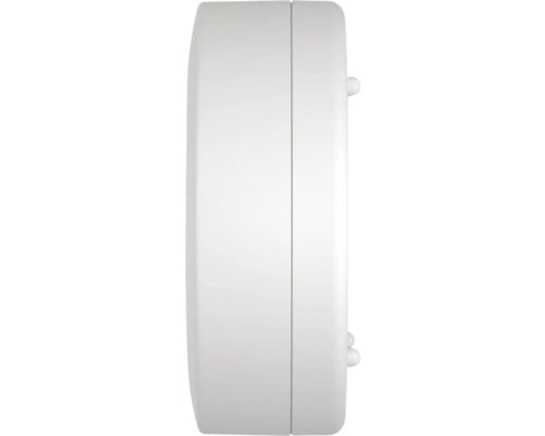 Vedere laterală a unui detector de fum alb, rotund, din plastic.