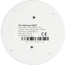 Spatele senzorului rotund PNI SafeHouse HS527 cu plăcuță de identificare, cod de bare și marcaj de conformitate europeană.