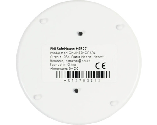Spatele senzorului rotund PNI SafeHouse HS527 cu plăcuță de identificare, cod de bare și marcaj de conformitate europeană.