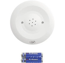 Detector de gaz PNI alb rotund cu grilă centrală, două baterii AAA și PNI Logo.