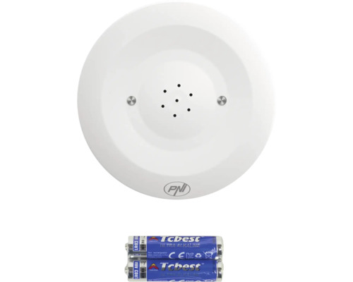 Detector de gaz PNI alb rotund cu grilă centrală, două baterii AAA și PNI Logo.
