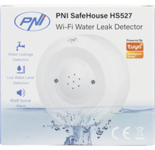 Detector de scurgeri de apă Wi-Fi PNI SafeHouse HS527 cu detectare scurgeri, nivel apă scăzut, alarmă 80 decibeli, PNI Logo și Tuya Logo.