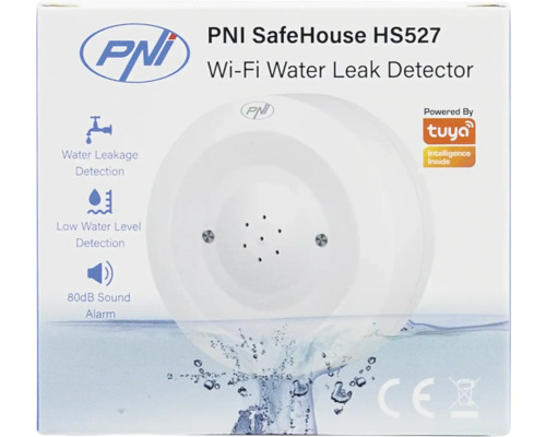 Detector de scurgeri de apă Wi-Fi PNI SafeHouse HS527 cu detectare scurgeri, nivel apă scăzut, alarmă 80 decibeli, PNI Logo și Tuya Logo.