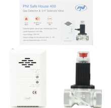 Set detector de gaz PNI Safe House 400 cu electrovalvă 3/4 inch pentru gaz natural și metan, cu alarmă vizuală și sonoră.