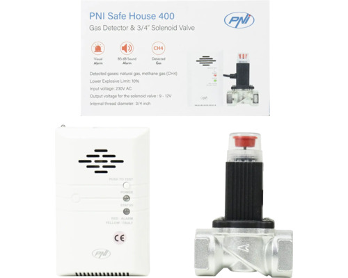 Set detector de gaz PNI Safe House 400 cu electrovalvă 3/4 inch pentru gaz natural și metan, cu alarmă vizuală și sonoră.