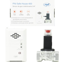 Set senzor de gaz PNI Safe House 400 si electrovalva 3/4 inch, include detector de gaz alb cu alarma si valva metalica. PNI Logo.