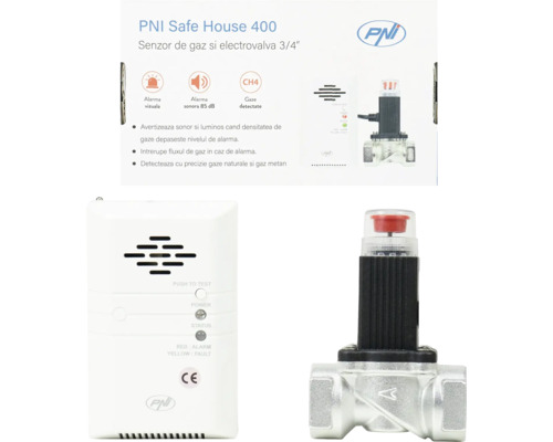 Set senzor de gaz PNI Safe House 400 si electrovalva 3/4 inch, include detector de gaz alb cu alarma si valva metalica. PNI Logo.