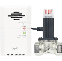 Detector de gaz PNI cu buton de test și indicatoare pentru alarmă și defecțiune, conectat la o electrovalvă de oprire a gazului din metal.