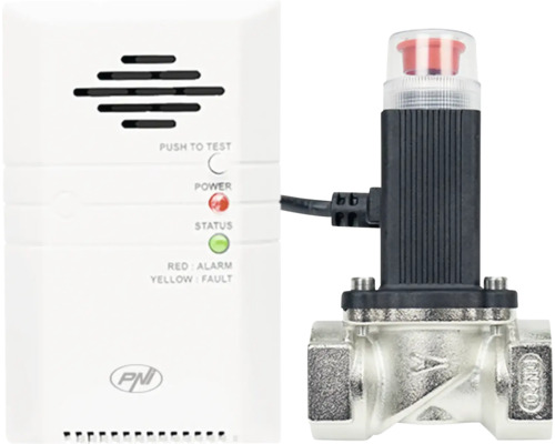 Detector de gaz PNI cu buton de test și indicatoare pentru alarmă și defecțiune, conectat la o electrovalvă de oprire a gazului din metal.