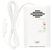 Detector de gaz PNI alb cu cablu de alimentare și ștecher, echipat cu indicatoare luminoase și buton de testare.