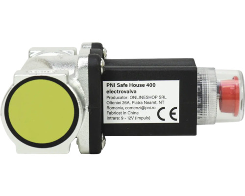 Electrovalvă PNI Safe House 400 pentru gaz, intrare impuls 9 până la 12 volți, cu marcaj CE de conformitate europeană.
