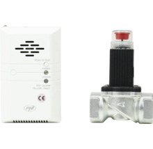 Detector de gaz PNI alb și electrovalvă de gaz argintie pentru închiderea automată a gazului în caz de alarmă.