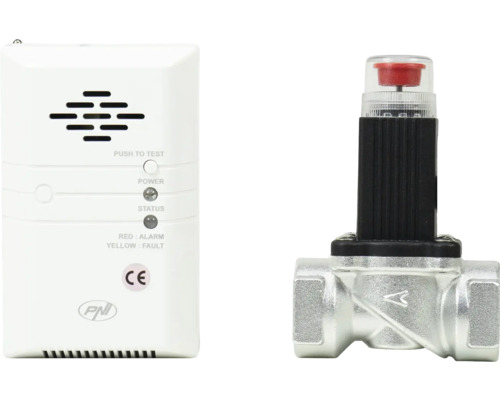 Detector de gaz PNI alb și electrovalvă de gaz argintie pentru închiderea automată a gazului în caz de alarmă.