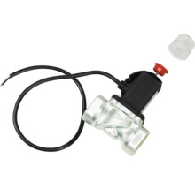 Supapă electromagnetică din metal cu carcasă din plastic negru și cablu de conectare pentru instalații de încălzire și sanitare.