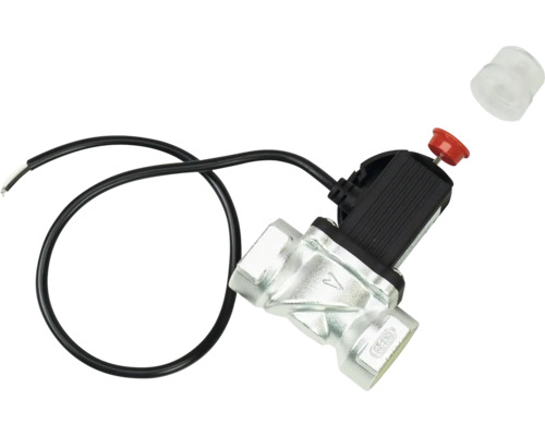 Supapă electromagnetică din metal cu carcasă din plastic negru și cablu de conectare pentru instalații de încălzire și sanitare.