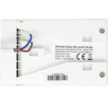 Vedere din spate a senzorului de gaz PNI Safe House 400 cu cablaj, etichetă de produs, marcaj CE și cod de bare.