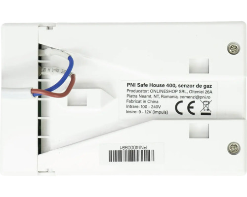 Vedere din spate a senzorului de gaz PNI Safe House 400 cu cablaj, etichetă de produs, marcaj CE și cod de bare.