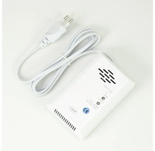 Detector de gaz PNI alb cu PNI Logo, cablu de alimentare, ștecher, buton de test și indicatori de stare pentru alimentare, alarmă și eroare.