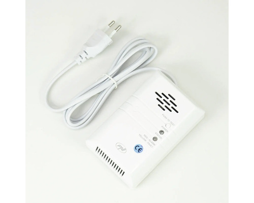 Detector de gaz PNI alb cu PNI Logo, cablu de alimentare, ștecher, buton de test și indicatori de stare pentru alimentare, alarmă și eroare.