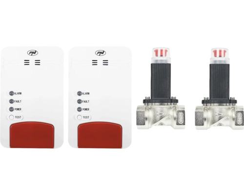 Set detectoare de gaz PNI cu două detectoare de gaz cu indicatoare luminoase și două electrovalve pentru conducta de gaz.